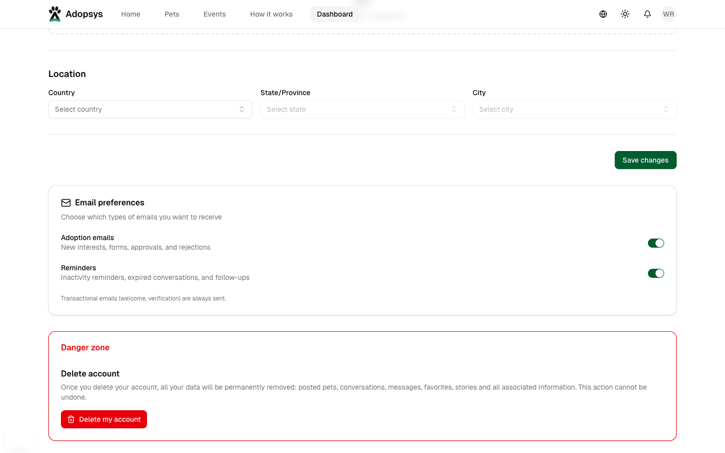 Account settings screen