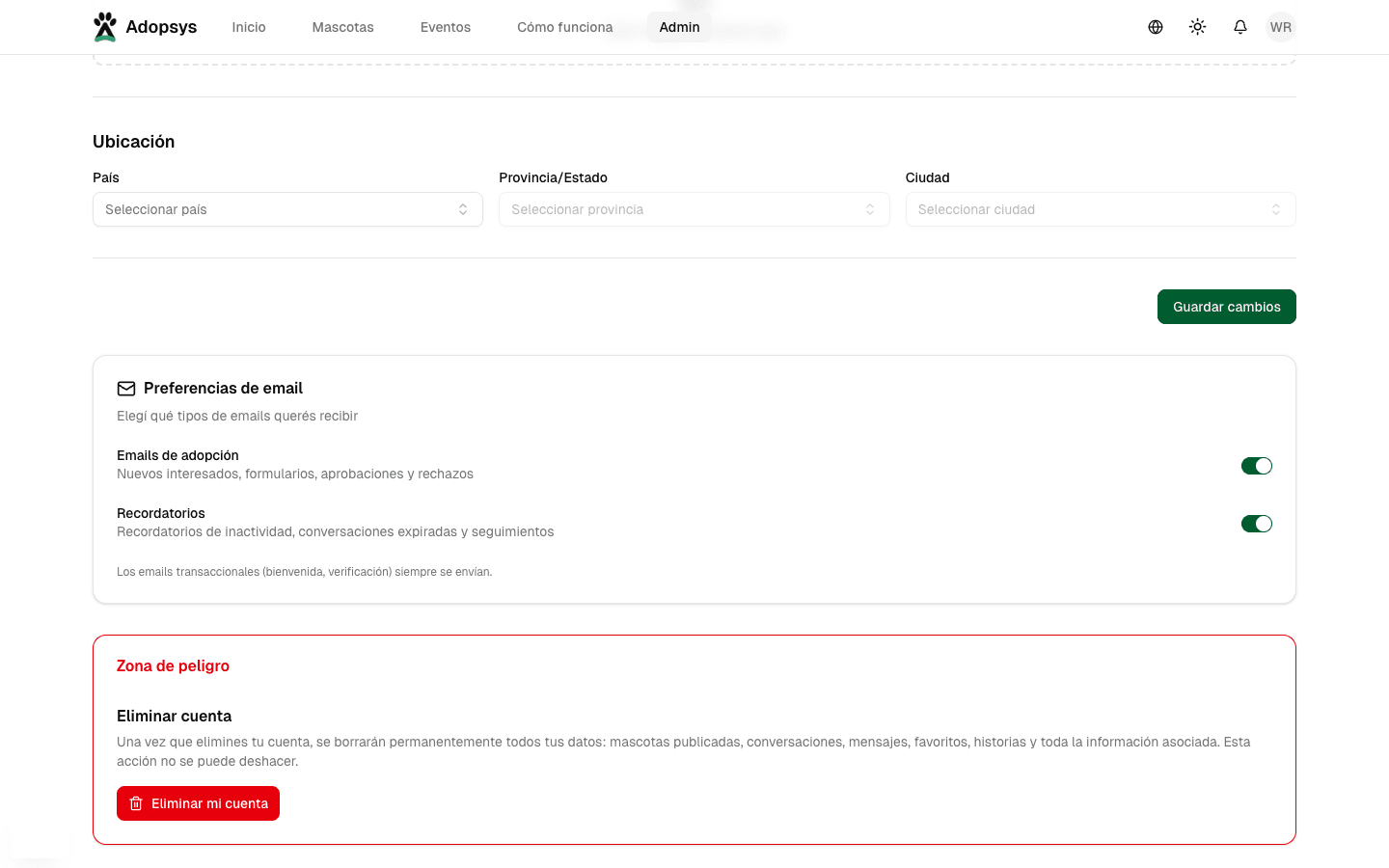 Pantalla de ajustes de cuenta