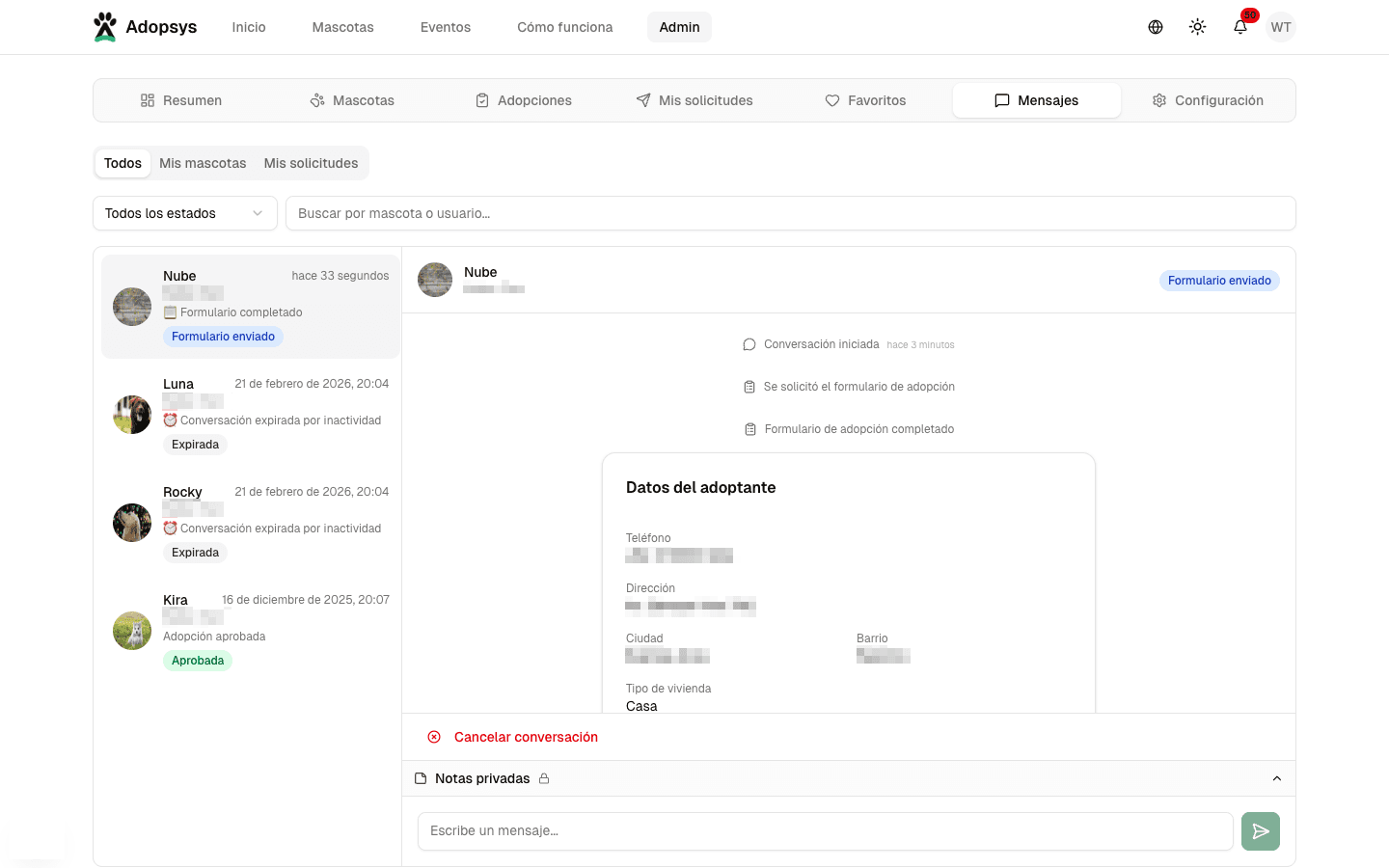 Vista del formulario recibido