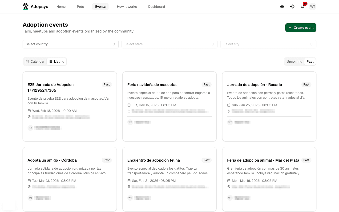 Upcoming events list