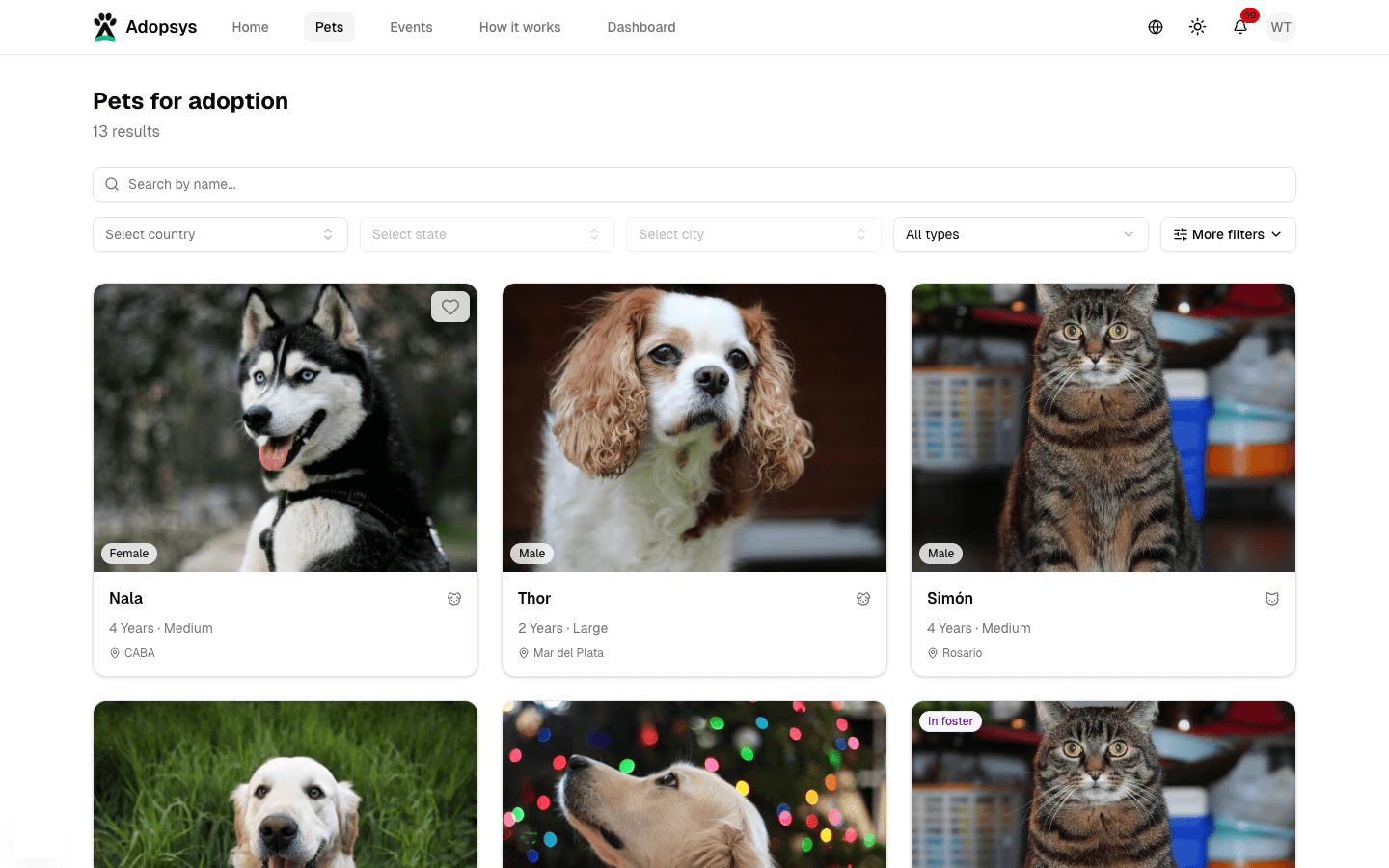 Pet listing with filters