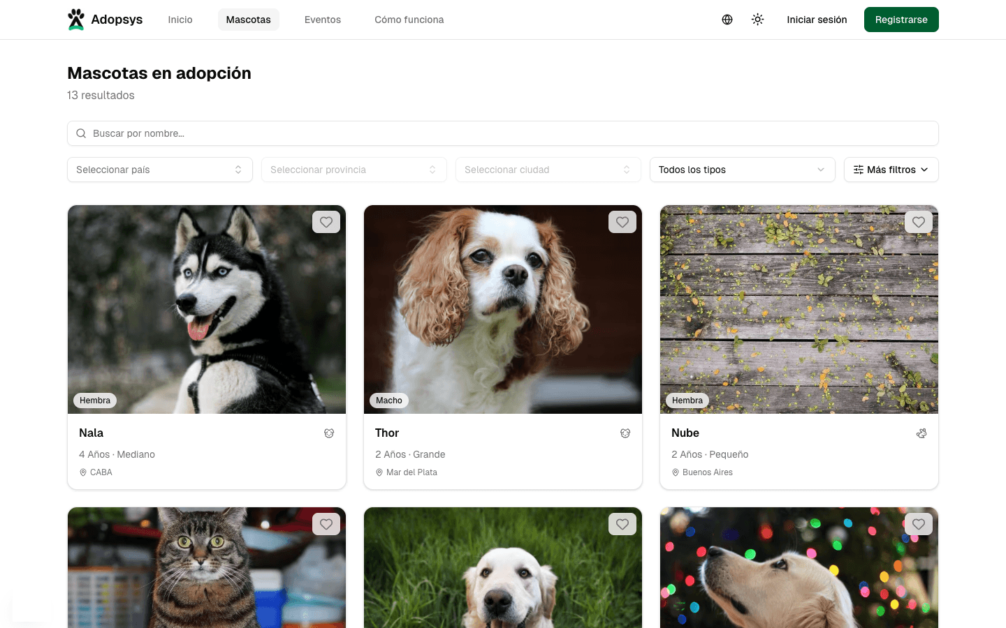 Listado de mascotas con filtros