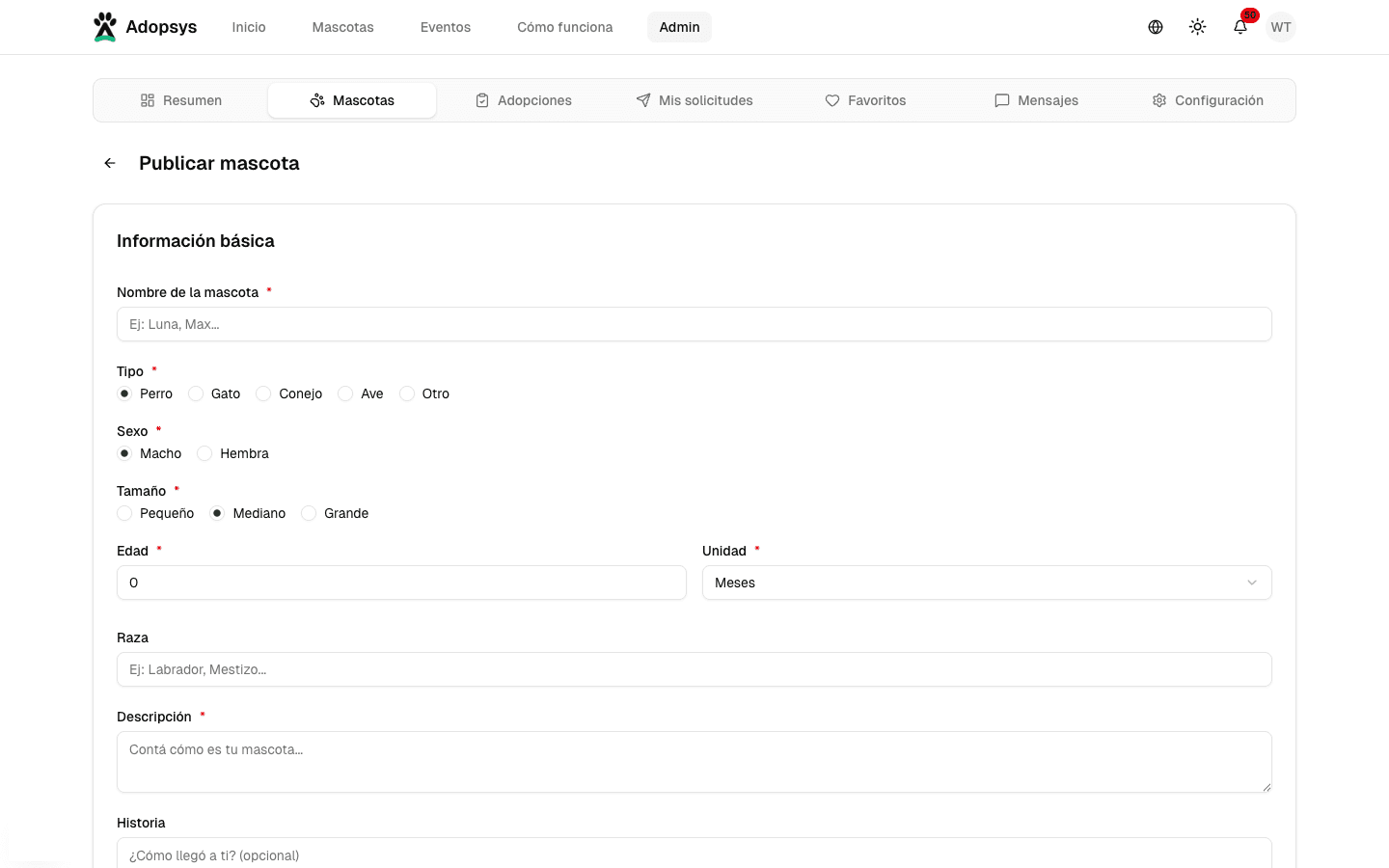 Formulario para publicar mascota