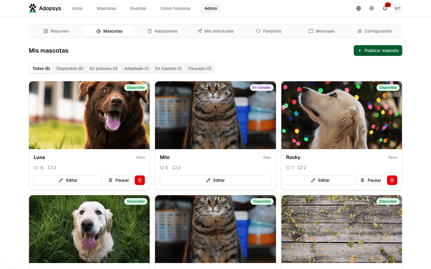 Panel con mis mascotas publicadas